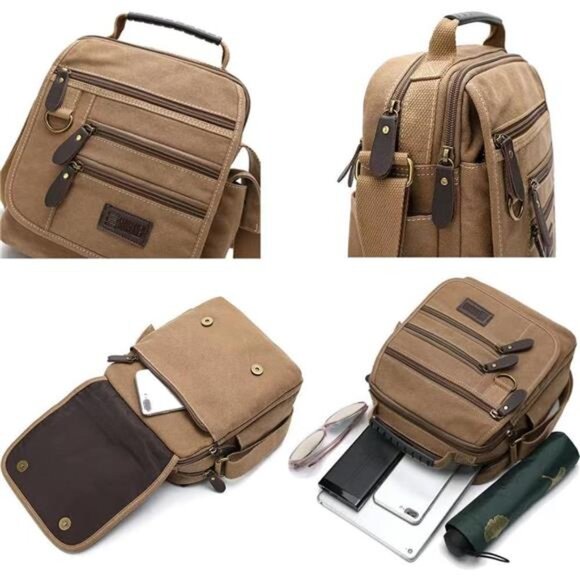 Mens bag Canvas Shoulder Bag Small Messenger Crossbody Bag Work Bag Vintage - Picture 4 of 7